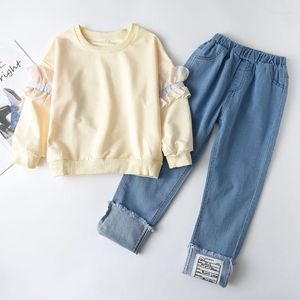 Clothing Sets Autumn Teenagers 4-14Y Children Girl Ruffles Top Demin Pants Girls Active Outfits Kids Clothes Size 110-160