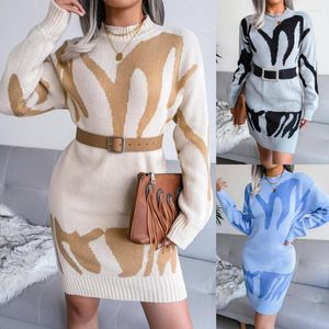 Vestidos casuais Autumn Winter Winter Print Women Sweater Dress Suplover de malha de meia gola solta fêmeas de manga comprida mais grossas quentes