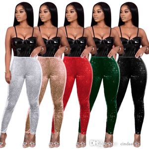 Kadın Sequins Pants 2023 Yeni Tasarımcı Yüksek Elastik Taytlar Plus Boyut Bodycon Capris 5 Renk Seksi Boncuk Parçası Düz ​​İnce Uygun Pantolon