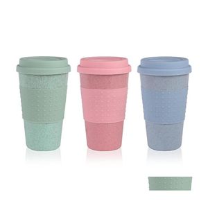 Canecas Canecas Sile Sile Caneca com tampa de trigo ecofriendly St Drink Tea Cup Creative Travel Creative Pink Blue VT0370 Drop Delivery Home Garden Dhd7z