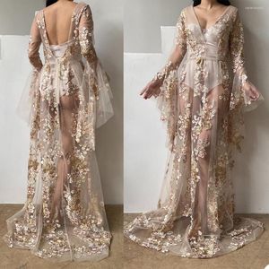 Abiti da festa Abiti estivi Prom da donna Appliques in pizzo Scollo a V Maniche lunghe Compleanno Abiti da sposa soffici Realizzati su misura