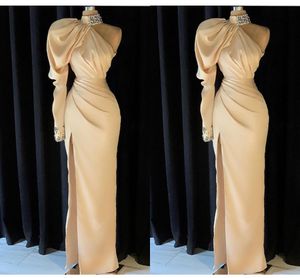Gorgeous Mermaid Prom Dresses for Women High Jewel Neck Satin Pleats Draped Beaded Crystals Long Sleeves Party Dress Formal Birthday Evening Gown Custom Made