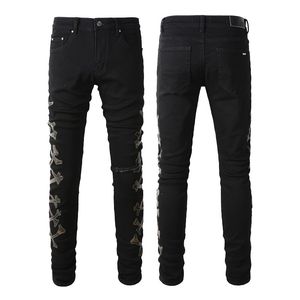 Herrenjeans der Luxusmarke Letter Star Men Stickerei Patchwork Zerrissene Jeanshose Straight Slim Elastic Denim Fit Moto Pants Trendy Streetwear Größe 28-38