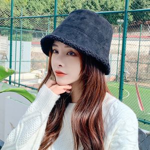Wide Brim Hats Bucket Winter Solid Color Plush Sweet Casual Warm Hat Fisherman Cap Suede doublesided lamb Hair Female Lady Fashion Present 230105
