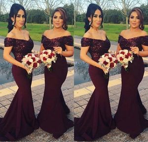 Off Shoulder Sweep Train Burgundy Mermaid Bridesmaid Dress with Sequins Formal Evening Gowns Wedding Guest Dress 2022