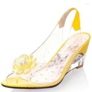 Sandalen 2023 6,5 cm Keile Frauen Sommer Süße Blumen Transparent Offene spitze Heels Fishmouth Rot Plus Größe 33-43