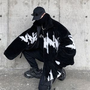 Erkek ceketler hybskr kış kuzu yün ceket harajuku moda gündelik büyük boy desen erkek kalınlaştırıcı sıcak parkas hip hop gevşek ceket 230106