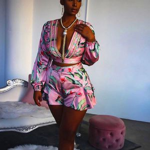 Women's Tracksuits Streetwear Floral Printed 2 Piece Set Women Shorts And Top Y2K Clothes Night Club Party Birthday Outfits Matching Sets Wh