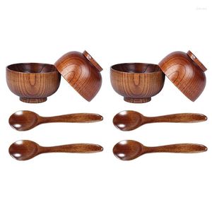 Bowls AT69 -2X Wood Spoons Bowl Set Wooden Handmade Flatware Tableware Cutlery Soup Rice Serving For Eating