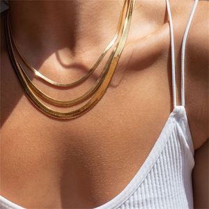 Rostfritt st￥lkedja halsband 18k guld pl￤terad platt ormkedjel￤nk l￤nk av l￤nk av halsband f￶r kvinnor boho s￶ta sommarstrandsmycken