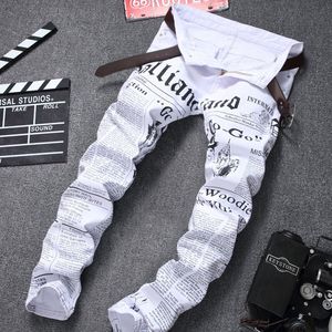 Men s Jeans Hole Casual Straight Fashion White Style Denim Long whiteTrousers spaper Printing 230105