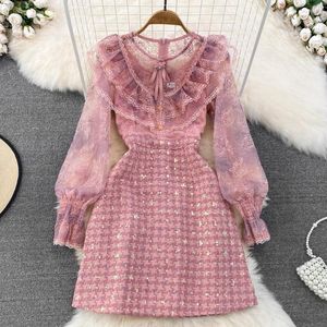 Casual Dresses Women O-Neck Ruffles Pink Lace Patchwork Beaded Sequins Tweed Dress High Quality Runway Designer Party Midi Vestidos