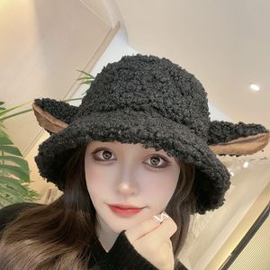 Wide Brim Hats Bucket Women Hat Vintage Winter Sheep Ear Plush Panama For Warm Faux Fur Soft Female Fisherman Sun Trend 230105