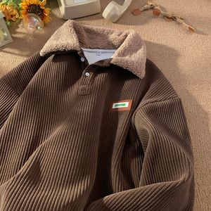 Erkek Hoodies Sweatshirts Vintage kadife polo yaka gömlek kadınlar sıcak polar büyük boy sweatshirt Koreli sonbahar y2k kalınlığında kadife uzun kollu üst 230105