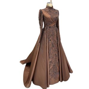 Luxury Brown Muslim Moroccan Kaftan Evening Dresses Bead High Collar Islamic Formal Gown Lace Appliques Puffy Skirt Arabic Abendkleider vestidos