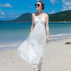 カジュアルドレスシルクドレス2023春の夏の女性ロングセクシーなシフォンビーチボヘミアンプラス大サイズの自由boho白い弾性妖精