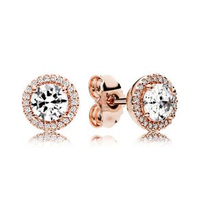 Rose Gold Round Sparkle Halo Stud örhängen för Pandora Authentic Sterling Silver Hip Hop Party Jewelry for Women Men Girl Friend Gift Earring Set med Original Box