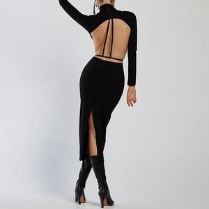 Casual Dresses Irregular Trendy 2023 Ladies Sexy Open Back Chic Midi Black Half High Collar Hollow Out Hem Slit Sheath Long Dress
