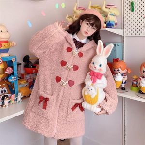 Damen-Wollmischungen, japanischer Wintermantel für süße Mädchen, Kawaii-Bärenohr-Kapuze, niedliche Hornknopf-Schleife, Lammwolle, einreihig, rosa Wolloute