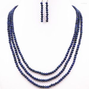 Halsband örhängen set natursten lapis lazuli pärlor smycken för kvinnor jaspers 4mm runda uttalande parti bröllop 17-19 tum