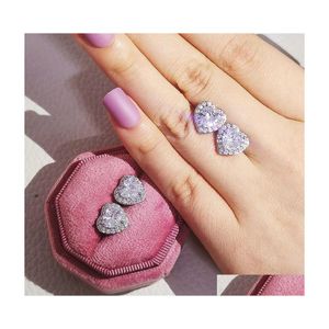 Stud Choucong Simple Fashion Orecchino Gioielli di lusso 925 Sterling Sier Bianco Rosa 5A Cubic Zircon Heart Shape Diamond Promise Gemston Dhnhu