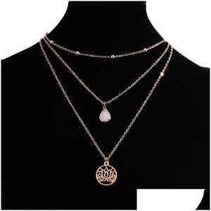 Pendant Necklaces Gold Sier Color Buddhism Lotus Flower For Women White Crystal Mtilayer Chain Necklace Jewelry Accessories Drop Del Dhv8J