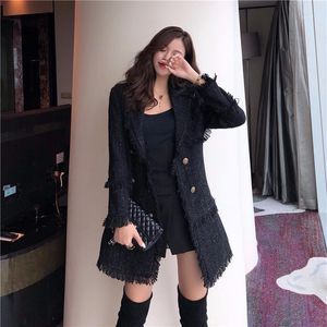 Women's Wool Autumn Tweed Coat Double Breasted Metal Button Long Sleeve Tassel Notched Collar Jacket Blends Blazer Overcoat