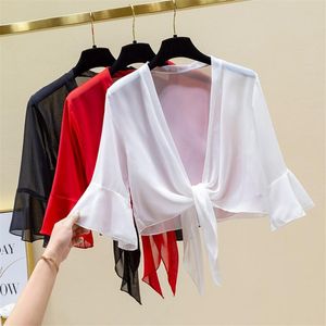 Kvinnors jackor sommar eleganta kvinnor solid sjal capes lady chiffon wrap bow slips wrap bolero accessoarer rockar tops solskydd rockar wz1