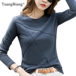 Women's T Shirts 2023 Ribbed Sping Fashion Bamboo Cotton Autumn Women O-Neck Loose Simple Purple Tshirt Long Sleeve Ladies Green Cozy Top