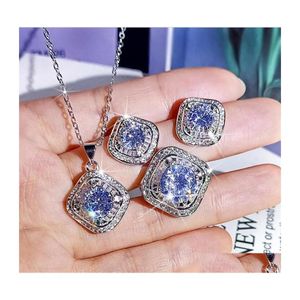 Wedding Jewelry Sets Sparkling Live Luxury Set 925 Sterling Sier Round Cut Moissanite Cz Diamond Gemstones Ring Necklace Stud Earrin Dheaa