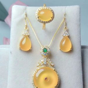 Natural Genuine Chalcedony Inlay 925 Silver yellow safety Buckle Pendant Earrings Ring three-Piece Set