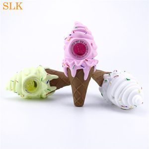 Girls cute pink ice cream pipe cone silicone smoking hand pipes with glass thick bowl oil burner water unique percolator bong for 420249y