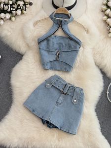 Calças femininas de duas peças DEAT Mulheres Halter Backless Sexy Denim Top Hig Cintura Shorts Definir Temperamento Moda Primavera Verão 2023 11D10231 230105