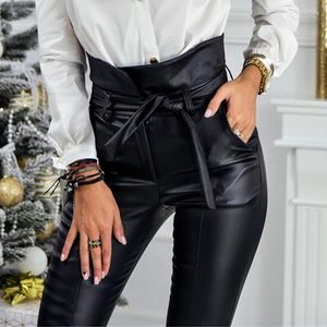 Calça feminina Belt Black Belt Celra Lápis Lápis Mulheres de Coloque Faux Couro Pu Pequenas Longo Casual Moda Casual de Design Exclusivo