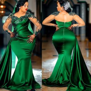 Arabic Aso Ebi Green Mermaid Sexy Prom Dresses Lace Sheer Neck Evening Formal Party Second Reception Birthday Engagement Gowns Dress Plus Size