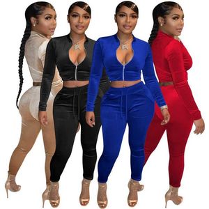 Kvinnor Velvet Tracksuits Two Piece Pants Fashion Soild Color Sweat Suit Set Nya koreanska Velours -kläder