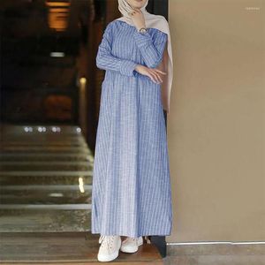 Ethnic Clothing Turkey Hijab Robe Muslim Abayat Long Sleeve Dress For Women Vintage Casual Striped Cotton Linen A-line Dresses With Pockets