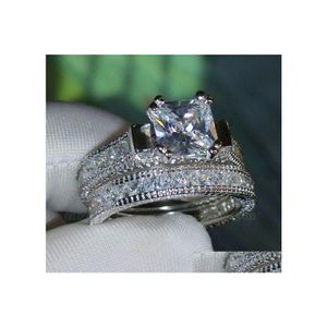 Pierścienie zespołowe luksusowe rozmiar 510 Retro Princess Cut 14k białe złoto wypełnione topazem Symised Diamonds Wedding Pierścionka Zestaw Matki Prezent z BO DHT41