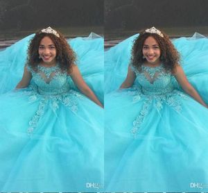 Vestidos 15 anos Quinceanera Dresses 2023 Aqua Blue Applique Beaded Ball Gowns Sweet 16 Dresses Bateau Tulle Prom Dress Vestidos De Novia