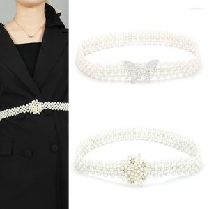 Belts Lady Inlaid Rhinestone Buckle Waist Chain Multi-layer Pearl Wide Elastic Waistband Suit Dress Trench Coat Decorations Beads Belt