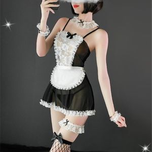 Damen-Nachtwäsche, Damen-Kleidung, sexy Dessous-Kleid, Spitze, durchsichtig, schulterfrei, Hosenträgeranzug, schwarzes Dienstmädchen, exotische Kostüme, Cosplay