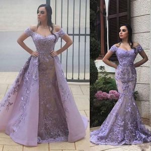 2023 Evening Dresses Wear Mermaid Off Shoulder 3D Floral Flowers Beaded Crystal Lace Overskirts Detachable Train Formal Prom Gowns Plus Size Pageant Wear Party Gown