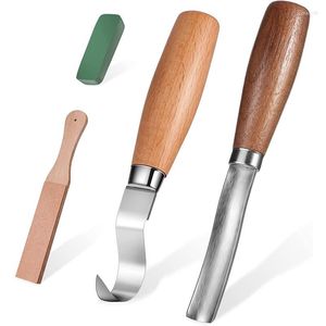 Wood Carving Tools Kit With Gouge Chisel Bowl Scoop Set Double Sided Strop Paddle Sharpener