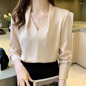 Damenblusen Damenoberteile und Blusen 2023 Elegantes Satin V-Ausschnitt mit langen Ärmeln Hemden Feste weibliche Blusas Mujer Drop Apricot Beige Farbe