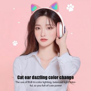 LED Cute Cat Ears H￶rlurar Bluetooth Tr￥dl￶st headset med MIC TF FM Kid Girl Stero Music Earbud Kitten Earphone Gift
