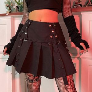 Saias Sunny Y.J. Rivet Punk Style Pleated Womens Goth Techwear Dark Academia High Caists Coreana Fashion Streetwear Mini Skirtskirts