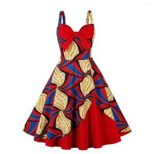 Sukienki swobodne łuk z przodu kwiatowy druk rockabilly vintage szata femme spaghetti pasek kobiet 2023 seksowna impreza Fit i Flare Letna sukienka