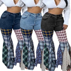 Calça feminina s de alta cintura de cintura xadrez jeans de flare para feminino 2023 Casual Ball Bottom retchwork Zipper exagerado de jeans da calça longa 230101