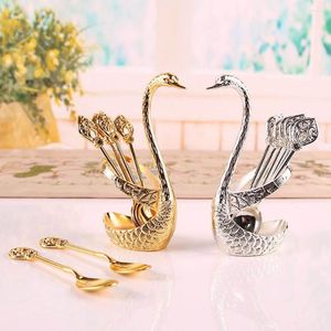 Dinnerware Sets Golden Silver Cutlery Set Stainless Steel Decorative Swan Base Holder 6 Spoons For Coffee Fruit Dessert Spoon