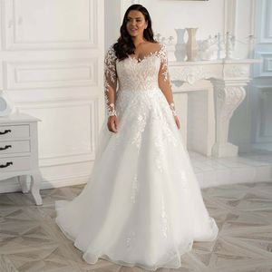 Boho A Line Wedding Dresses Plus Size 2023 Elegant Lace Appliques Long Sleeves Bridal Gowns V Neck Tulle Bride Dress Custom Made